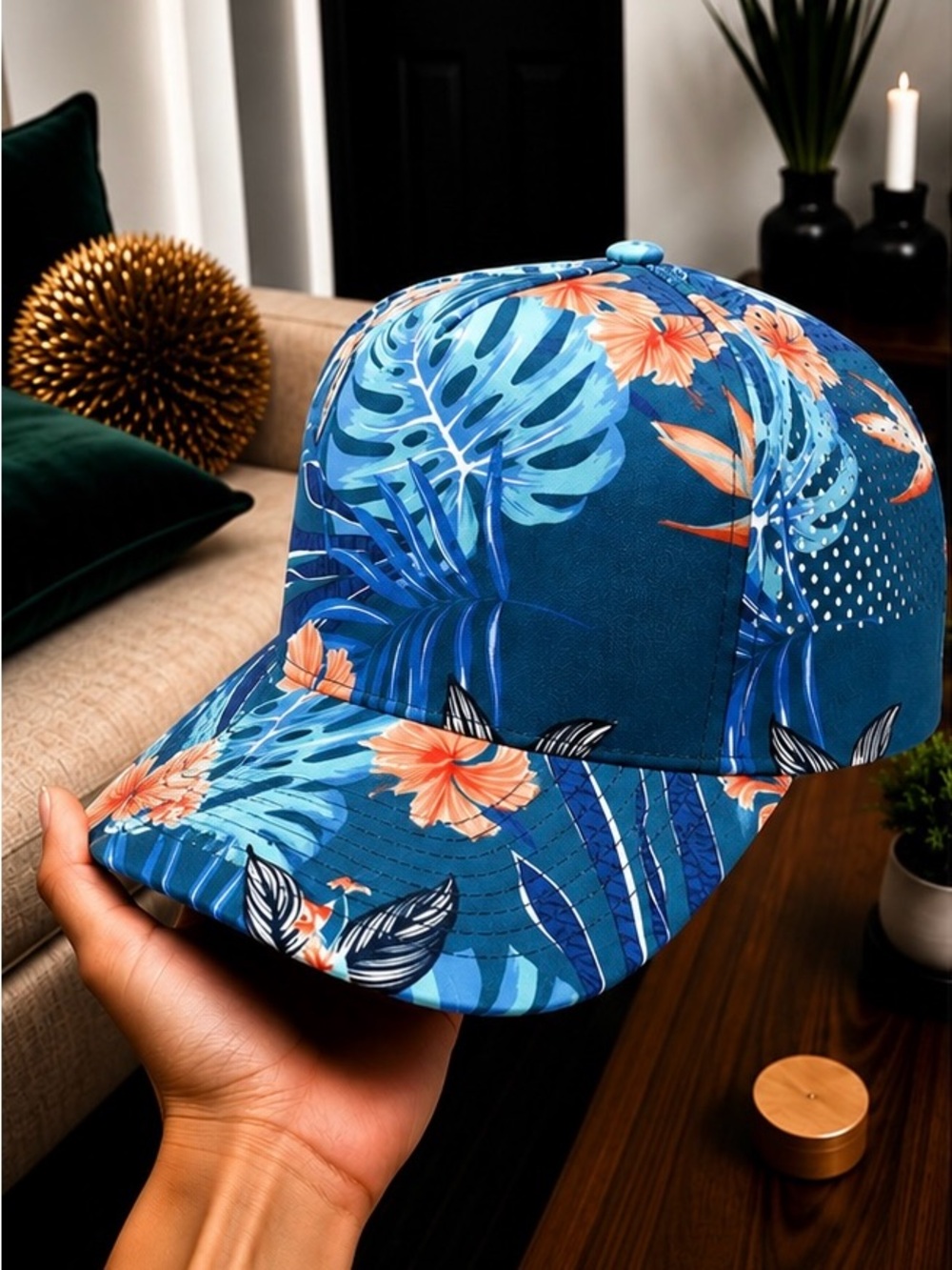 Blue Tropical Floral Snapback Hat | Hawaiian Palm Leaf Flat Bill Cap
